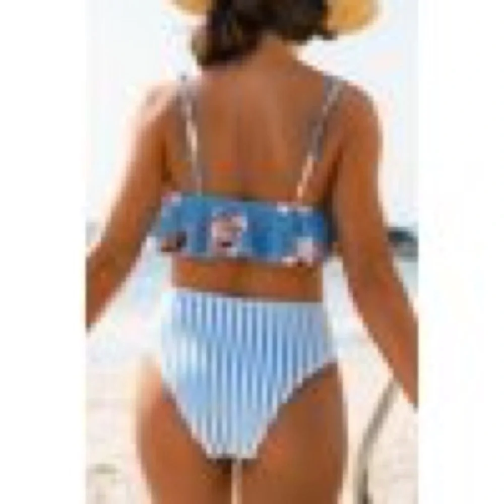 🔥NWT-Blue Floral Ruffle Mid Waisted Two Piece Bathing Suit🔥 - Picture 2 of 8